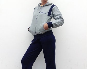 Adidas | Vintage Tracksuit | 1980s | Jogging Set Jacket/Pants | Grey/Blue Cotton Sports Wear | Trefoil Logo | Made in France | NOS | Size S