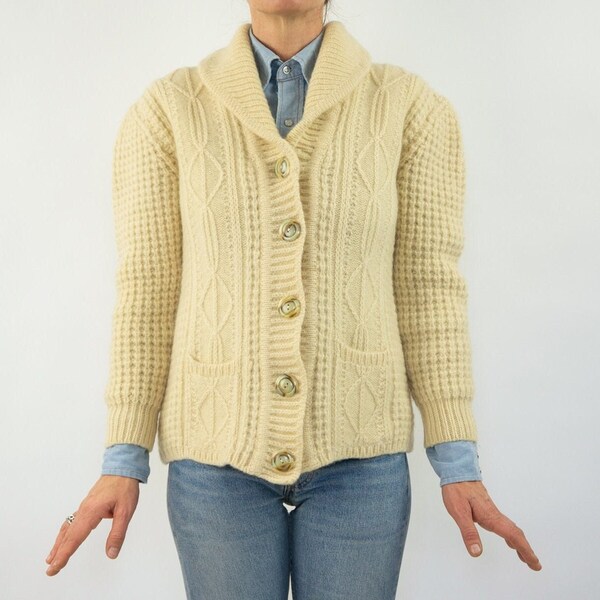 Vintage 1970s Cream Aran Knit Long Cardigan