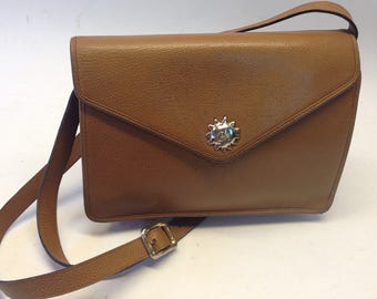 Christian Lacroix Vintage Leather Bag | 1980s | Crossbody Shoulder Handbag | Tan Leather Purse Gold Sun Charm | Made in France | Medium Size