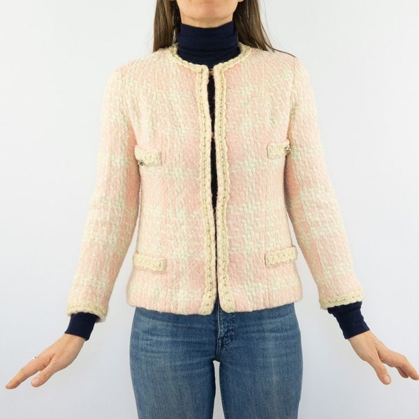 Vintage Blazer-Jacke | 1960/70er Jahre | Rosa Tweed-Jacke | Chanel-Stil | Rosa/Creme | Kurze Wolljacke | Elegant | Hergestellt in Frankreich | Grösse S