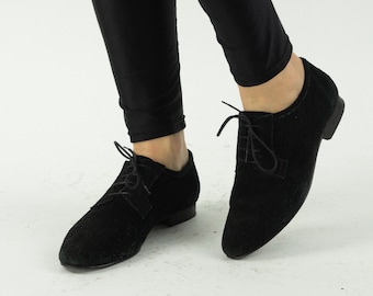 Vintage Minelli Black Suede Derby Shoes | Perforated Laced Flat Oxfords | France | UK5,5 US6,5