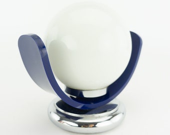 Vintage Ball Wall Lamp 1970s | Opaline Globe | Blue Plexiglass & Chrome Base | Wall Sconce