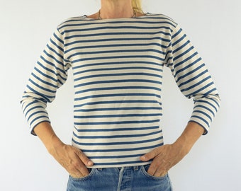 Vintage Breton Jersey | 1980s | French Mariniere | Cotton | Off White with Blue Stripes | Classic | Sailor Shirt | Pablo Picasso | Size S
