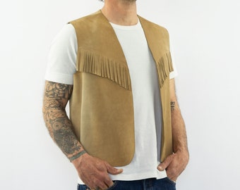 Vintage Leather Vest 1970s | Brown Suede Waistcoat Fringes | Cowboy Western Wear | M