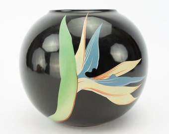 Vintage Ball Vase | 1970s | Round Vase | Bird Of Paradise Flower | Pottery | Terracotta | Sandstone | Black Glazed Ceramic | Made in Germany