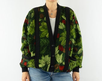 Cárdigan de terciopelo vintage / Década de 1980 / Chaqueta bomber / Floral / Patrón tropical / Manga murciélago / Chaqueta de gran tamaño / Hecho en Francia / Talla S