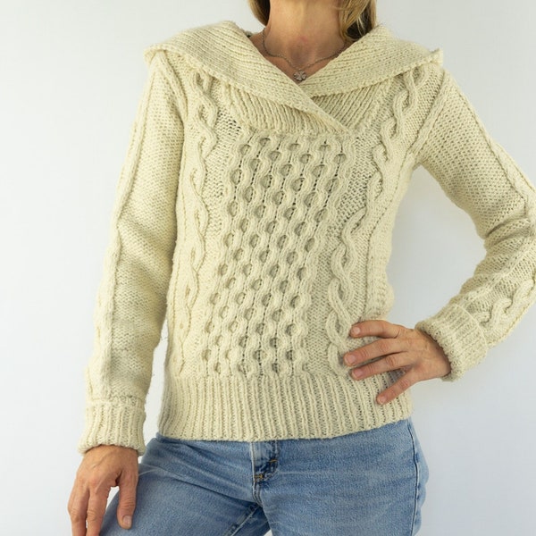 Vintage Fisherman Cable Knit Sweater | 1980s | 100% Wool | Irish Sweater | Hooded | Cream Color Pullover | Hand Knitted | Size M