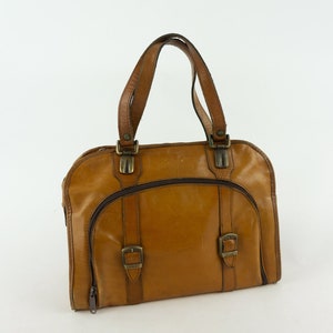 Cartera de cuero vintage / década de 1970 / bolso retro / bolso de cuero bronceado / asa superior / bolso de hombro / bolso retro de los años 70 / hecho en Francia / tamaño mediano