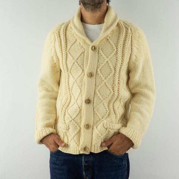 Cardigan Fisherman Vintage | 1980s | Gilet Irlandais | Laine Couleur Crème | Maille Torsadée | Tricoté Main | Made in France | Taille M