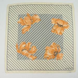 Louis Feraud - Paris | Vintage Silk Scarf | 1980s | Square Scarf with Stripes/Flowers | Beige/Gray/Orange | Made in Italy | 29.5x29.5"