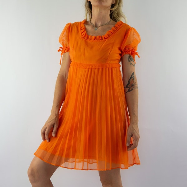 Vintage Tulle Dress | 1950s | Orange Mini Dress | Pleated Skirt | Babydoll Dress | Puffy Sleeves | Romantic Dress | Made in France | Size M