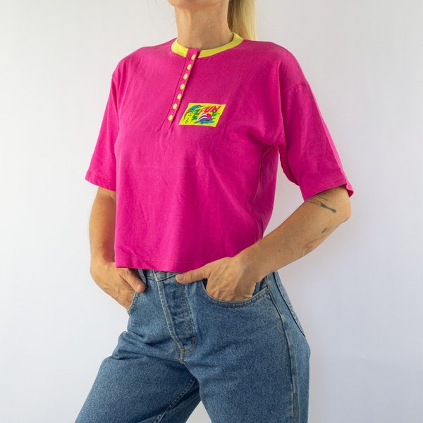 T-Shirt 80s Néon Vintage | 1980s | T-shirt Court avec Logo | Coton | Rose/Jaune | Boutons | New Line | Made in France | NOS