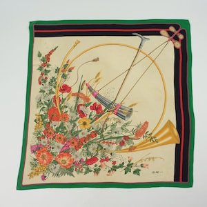 Celine - Paris | Vintage Silk Scarf | 1970s | Square Scarf with Floral Pattern | Beige/Green/Multicolor | Made in France | 33x32.2"