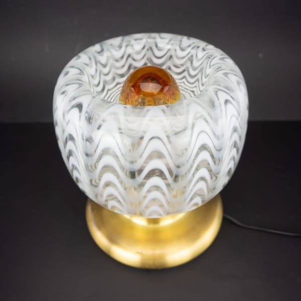 Lampe de Table Vintage | 1970s | Lampe de Chevet | Verre de Murano | Lampe à Poser | Globe Marron/Blanc | Pied Métal Doré | Made in Italy