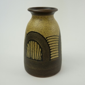 Vintage Art Deco Vase 1950s | Oval Ceramic Vase with Geometric Pattern | Beige/Brown Pastel Colors | Made in France | 6.6&quot;x3.9&quot;