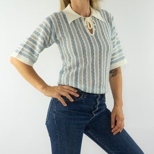 Vintage Knit Polo | 1960s | Shirt with Stripes | Mod | Light Blue/White | Short Sleeves | Croched | Collar/Lace | Made in France | Size S/M