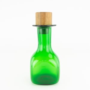 Vintage Decanter 1970s | Green Hand Blown Glass Water Pitcher | Wooden Stopper | Retro Design | Can Be Used as Vase | Made in France