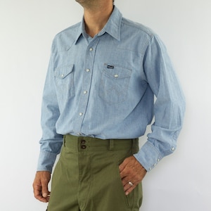 Wrangler | Vintage Western Shirt | 1980s | Chambray | Pearl Snap Buttons | Blue Cowboy Shirt | Rodeo | Western Wear | Rockabilly | Size XL