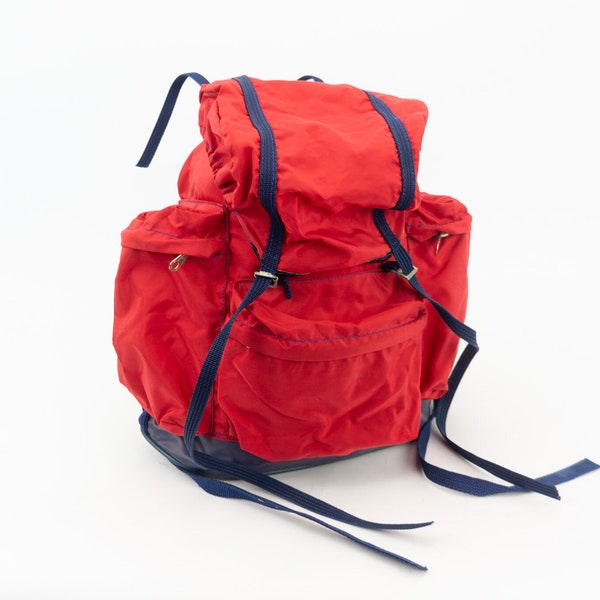 Sac à Dos Vintage | 1980s | Sac de Randonnée | Toile Nylon Rouge/Bleu | Sac à Dos de Montagne | Alpinisme | Très Léger | Made in Spain