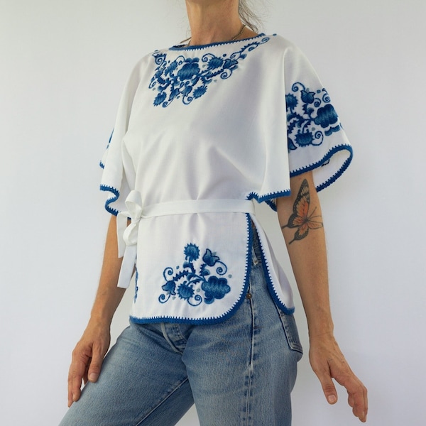 Vintage Embroidery Blouse | 1970s | Floral Folk Blouse | Peasant | White/Blue | Belted | Butterfly Sleeves | Made in France | Size S/M