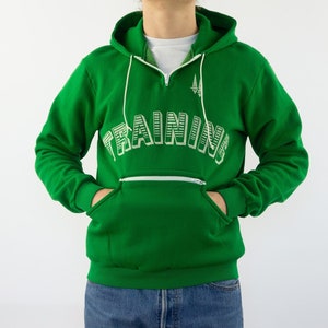 Training Vintage Hoodie 1970s | Green Sweatshirt with White Velvet Logo | Retro Jumper Kangaroo Pocket | Track Sweater | Made in France | S