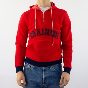 Training Vintage Hoodie 1970s | Red Sweatshirt with Blue Velvet Logo | Retro Jumper Kangaroo Pocket | Track Sweater | Made in France | XS/S