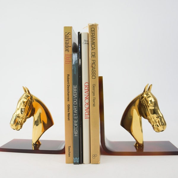 Paire de Serre-Livres Vintage | 1960/70s | Têtes de Chevaux | Bronze Doré | Lucite/Plexiglass | Hollywood Regency | Made in France