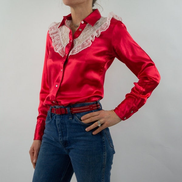 Vintage Western Blouse | 1980s | Shiny Red Satin Blouse | Lace Neckline/Ruffles | Red/White | Pearl Snap Buttons | Made in Canada | Size S