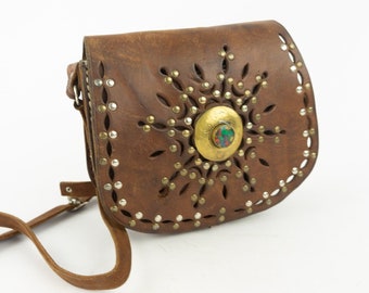 Studded Vintage Bag | 1970s | Brown Leather | Rivets/Brass Buckle | Hand Tooled | Western Saddle Bag | Boho Satchel | Ethnic | Medium Size