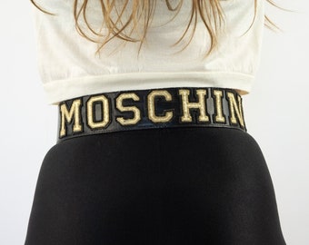 Moschino Jeans | Vintage Leather Belt | 1990s | Black Belt with Gold Lettring | Big Gold Metal Buckle | Large Leather Belt | Made in Italy