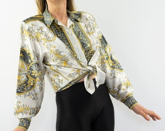 Vintage Print Blouse | 1980s | Blouse with Baroque Pattern | Long Sleeves | White/Gray/Gold | Versace Style | Oversized | Size 38