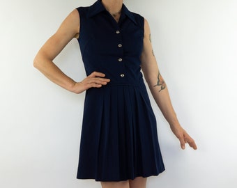 Vintage Mini Dress | 1960s | Pleated A-Line Dress | Navy Blue | Twiggy/Mod | GoGo Dress | Retro | Scooter Girl | Made in France | Size S