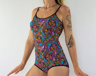 Vintage Swimsuit | 1960s | Swimsuit with Psychedelic Pattern | Space Age | Multicolor | One Piece | Mod/Retro | NOS | Made in Spain | Size L