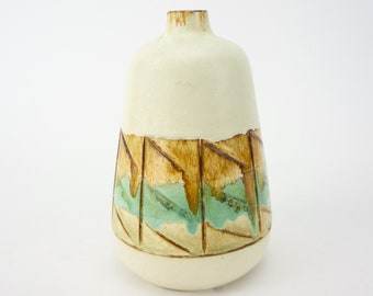 Vintage Ceramic Vase | 1960s | Bottle | Soliflore | Pottery | Terracotta | Enameled Ceramic Beige/Blue | Made in Spain | 9"/5,9"