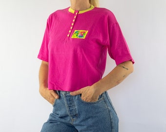 Camiseta corta rosa vintage de los años 80 / Camiseta de algodón con logo neón / Hecha en Francia