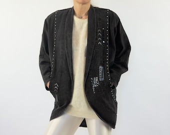 Norbert Nel | Vintage Denim Jacket | 1980s | Black Denim Oversize Jacket l Studded 80s Jacket | Batwing Sleeves | Made in France | Size S/M