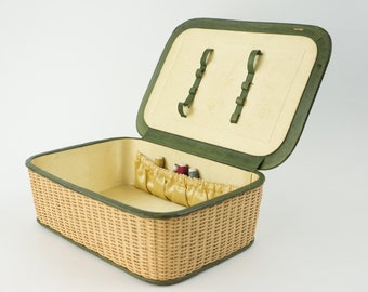 Vintage Wicker Box | 1950s | Couture Sewing Basket | Leather Cover | Rectangular Jewelry Box | Natural Fiber/Green Leather | Made in Spain