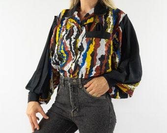 Vintage Print Bluse 1980er Jahre | Übergroßes mehrfarbiges abstraktes Hemd | Lockere Passform | Frankreich | L