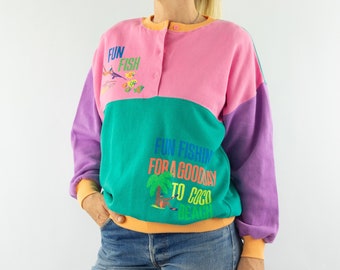 Vintage Colorblock Sweatshirt 1980s | Pastel Graphic Coco Beach Jumper | Buttoned Crewneck | Retro | M