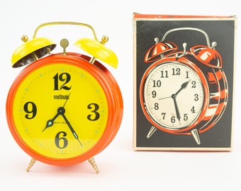 Matinale | Vintage Mechanical Alarm Clock | 1960s | Bedside Clock | Alarm | Double Bell | pop-art | Yellow / Red | Made in Germany | NOS