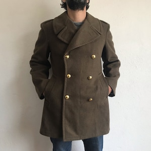 Französische Armee | Vintage 1960er Jahre Cabochon | Khaki Wolle Zweireihig | Algerischer Kriegs-Ära Mantel | Gekreuzte Knöpfe | Größe M | Frankreich