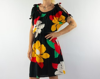 Robe Fleurie Vintage 1990s | Coton Noire, Couleurs Vives | Manches Chauve-Souris Nouées | France S/M