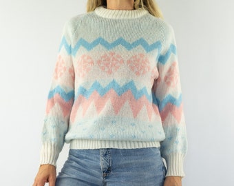 Pull Vintage 80s | 1980s | Pull avec Motif Flocon de Neige | Blanc/Rose/Bleu | Tricot Acrylique | Style Nordique | Taille M