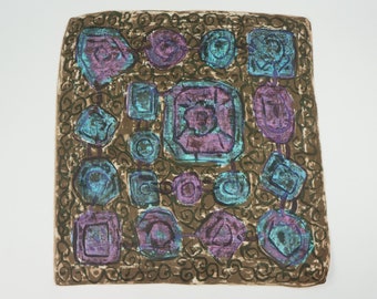 Vintage Silk Scarf | 1950s | Square Scarf with Abstract Gemstone Pattern | Brown/Blue/Lilac | Big Square Scarf | Made in France | 30"x30"