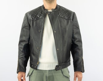 Vintage Black Leather Motorcycle Jacket 1970s | Quilted Cafe Racer Jacket | France | L