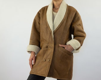 Vintage Shearling Jacket | 1980s | Sheepskin Jacket | Two Tone | Tan Leather Coat with Fur | Double Breasted | Made in Russia | Size M/L