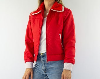 Vintage Women's Ski Jacket 1970s | Red Puffer Faux Fur | Retro Winter Anorak | France | M
