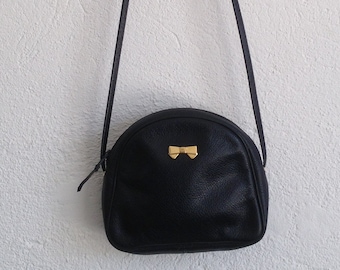 Nina Ricci Vintage Leather Handbag 1980s | Navy Blue Crossbody with Gold Bow Detail | Elegant Small Evening Bag | Made in France