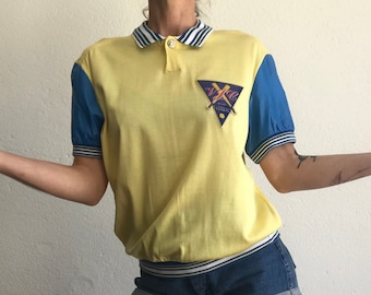 Versace Jeans Couture | Vintage Baseball Shirt | 1980s | Yellow Polo Shirt/Blue Sleeves | Stripes | Cotton/Nylon | Made in Italy | Size M