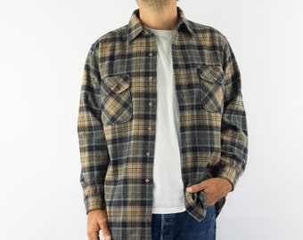 Pendleton | Vintage Flannel Shirt | 1990s | Plaid Shirt | 100% Wool | Back/Blue/Beige Check Pattern | Made in USA | Size L